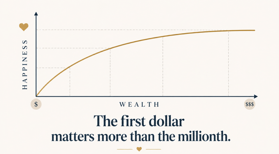 a simple curve showing diminishing returns - happiness rising steeply, then flattening as wealth keeps increasing.