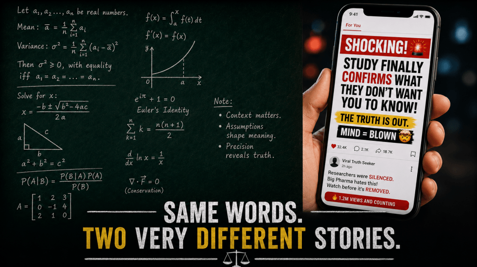 a split frame — dense equations on a chalkboard on one side, a phone showing an alarming viral headline on the other.